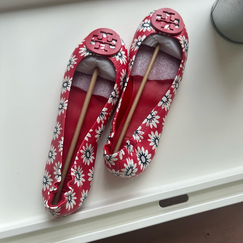 Tory Burch Minnie travel floral ballerina flats Leather red size 8